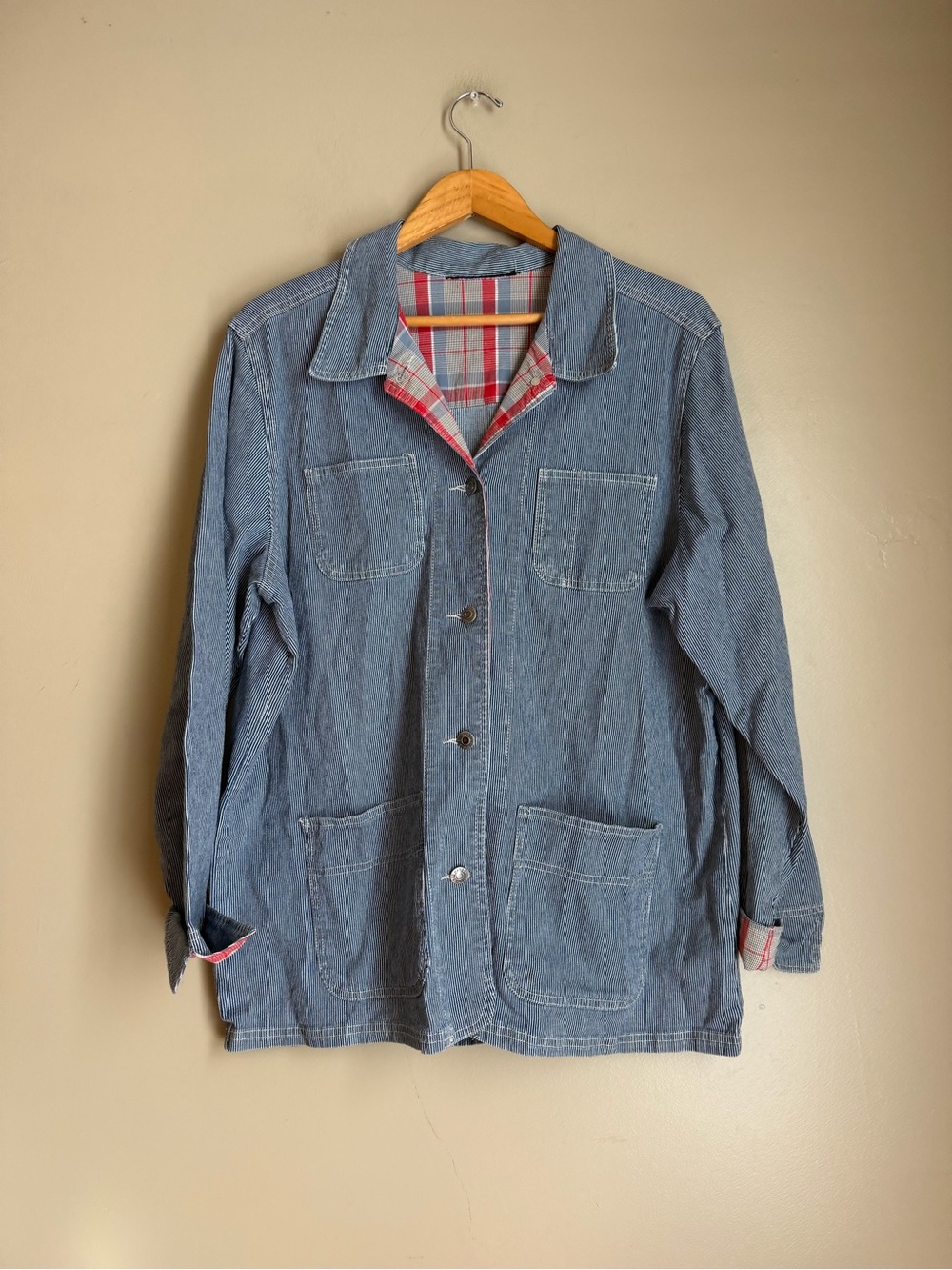 Vtg Sag Harbor Sport Hickory Stripe Chore Jacket Blue Plaid Lined Barn